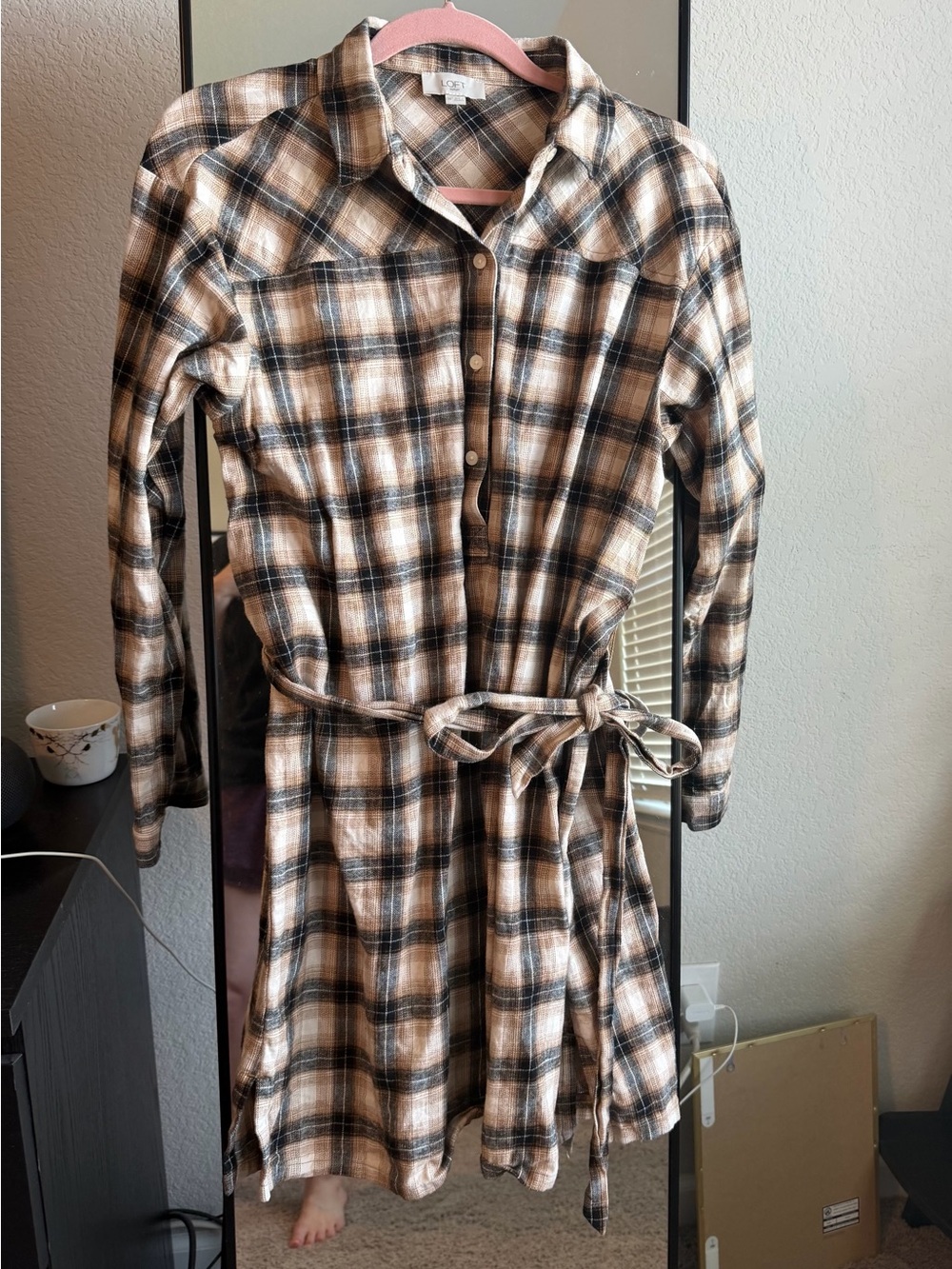 LOFT Plaid Shirt Dress in Pink, Tan, Black & Cream